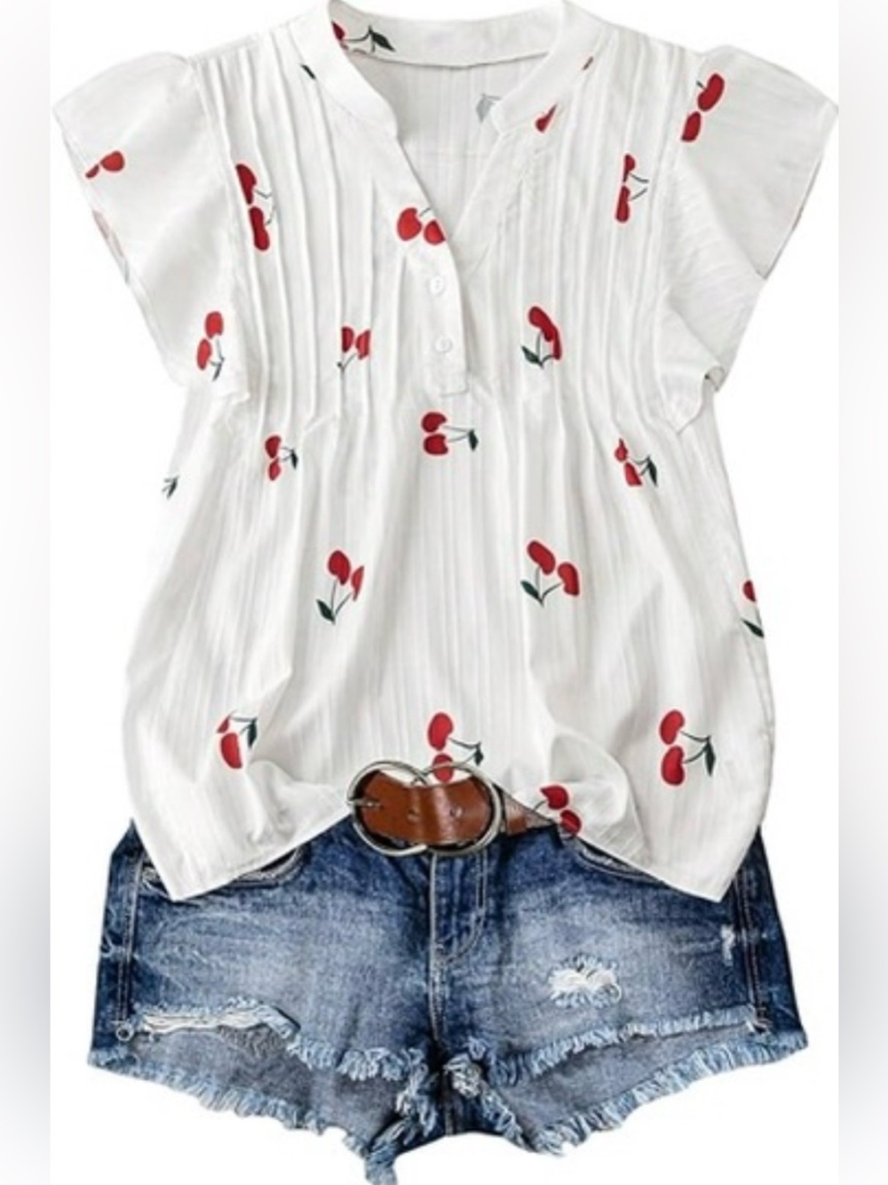 Women’s White Cherry Print Short Sleeve Top